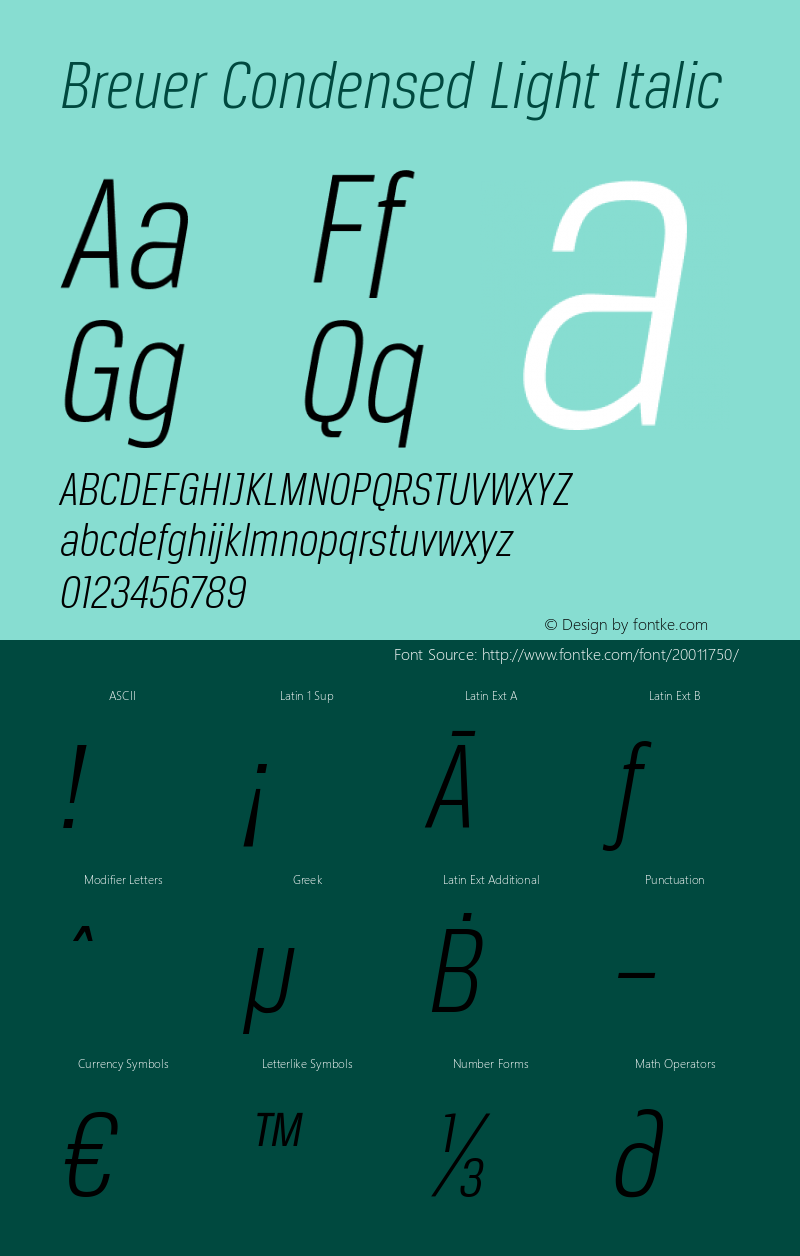 BreuerCondensed-LightItalic Version 3.000 Font Sample