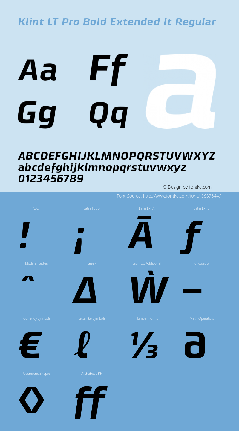 Klint LT Pro Bold Extended It Regular Version 1.00 Font Sample