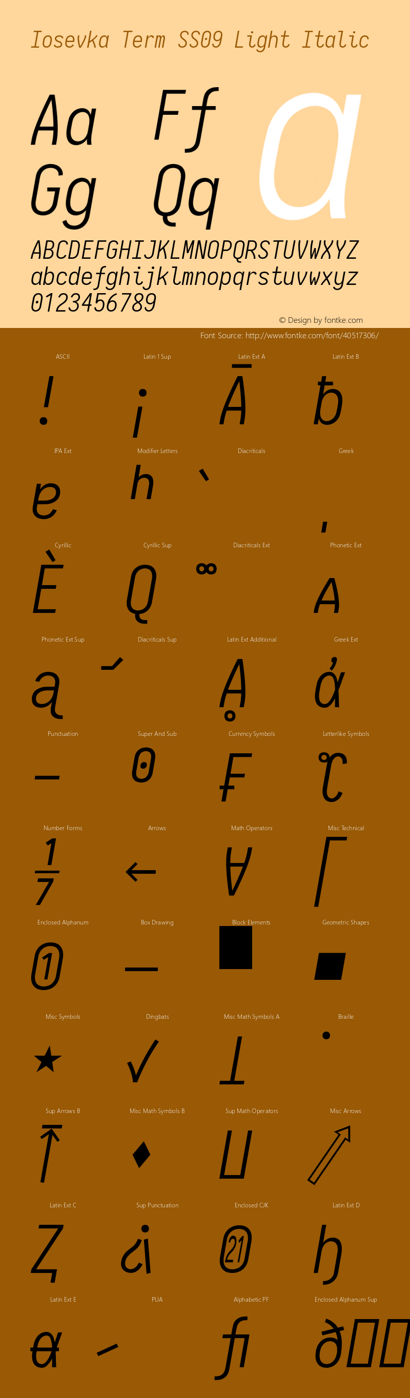 Iosevka Term SS09 Light Italic 2.3.0; ttfautohint (v1.8.3) Font Sample