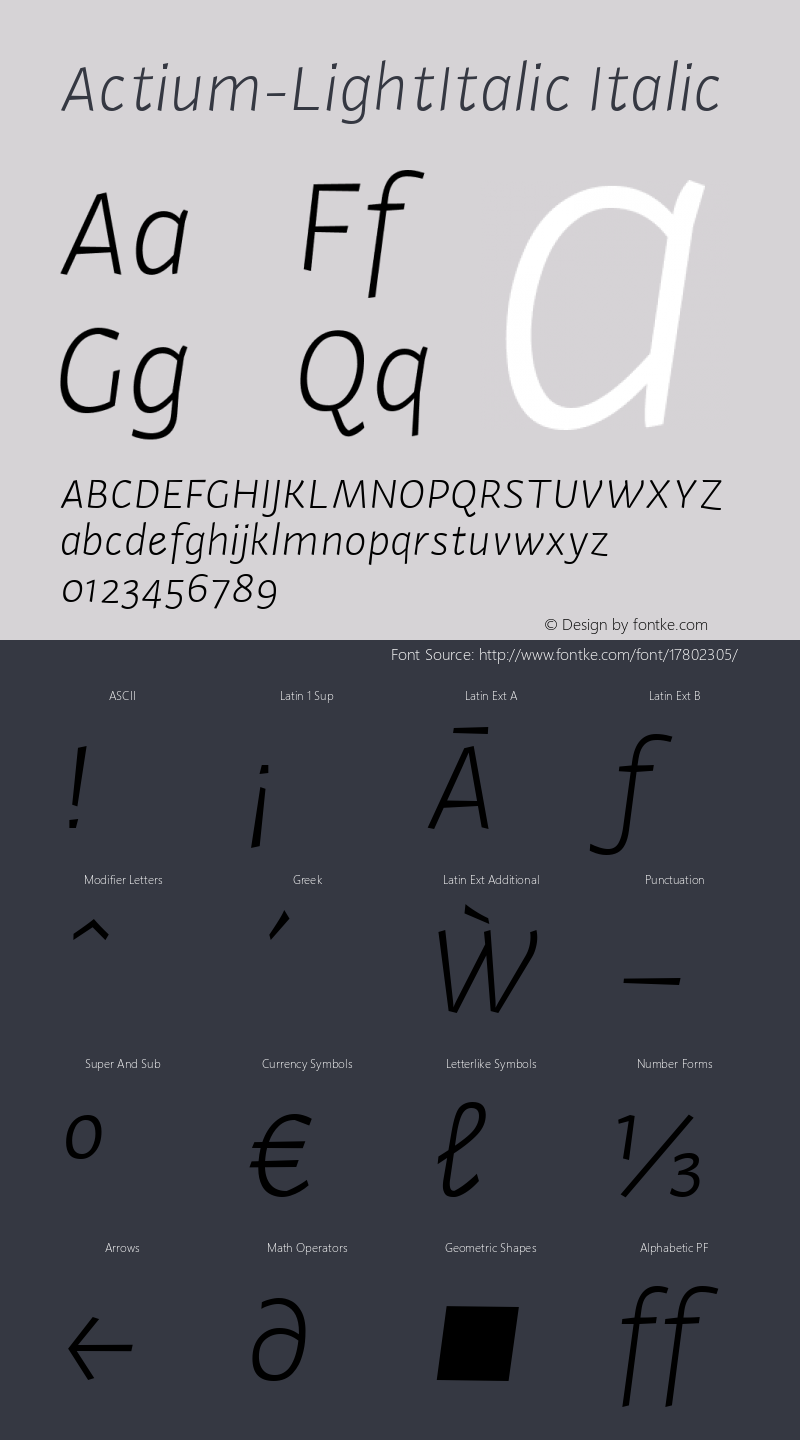 Actium-LightItalic Italic Version 1.002 Font Sample