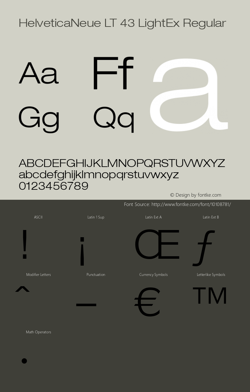 HelveticaNeue LT 43 LightEx Regular Version 6.1; 2002 Font Sample