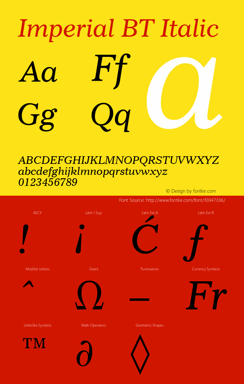 Imperial BT Italic mfgpctt-v1.53 Friday, January 29, 1993 2:29:47 pm (EST) Font Sample