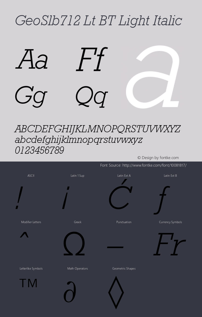 GeoSlb712 Lt BT Light Italic mfgpctt-v4.4 Dec 22 1998 Font Sample