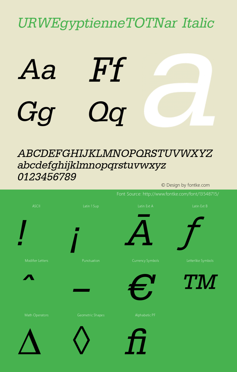 URWEgyptienneTOTNar Italic Version 1.000;PS 1.05;Core 1.0.35 Font Sample