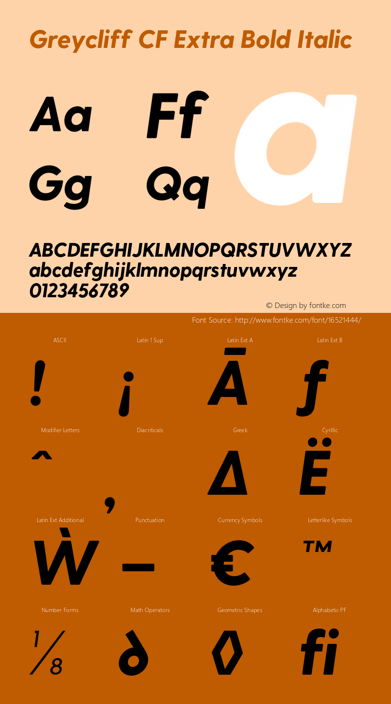 Greycliff CF Extra Bold Italic Version 1.100;PS 001.100;hotconv 1.0.88;makeotf.lib2.5.64775 Font Sample