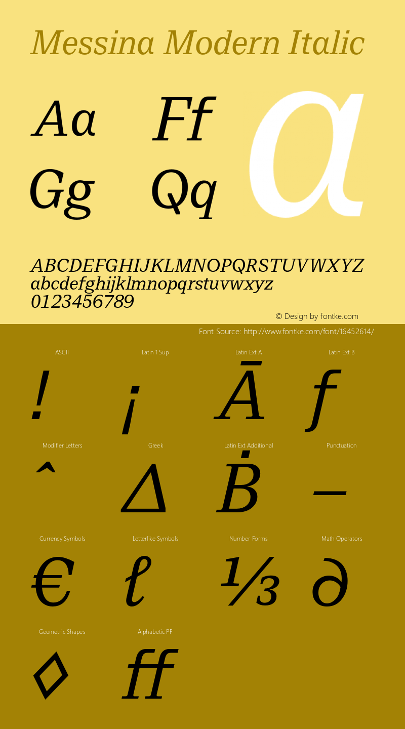 Messina Modern Italic Version 1.000;PS 002.000;hotconv 1.0.70;makeotf.lib2.5.58329; ttfautohint (v1.3) Font Sample