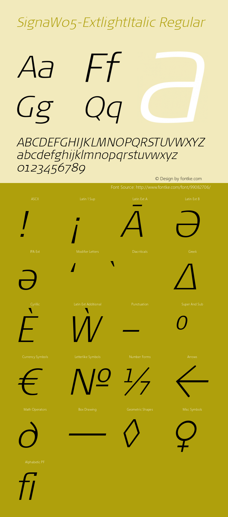 Signa W05 Extlight Italic Version 7.504 Font Sample