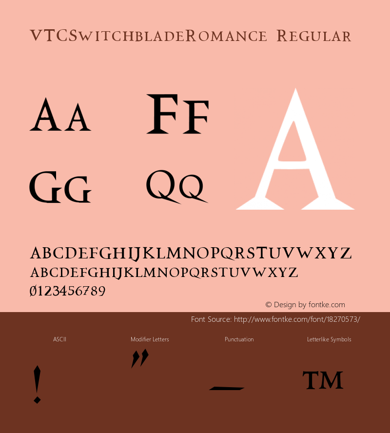 VTCSwitchbladeRomance Regular 1999; 1.0, initial release Font Sample