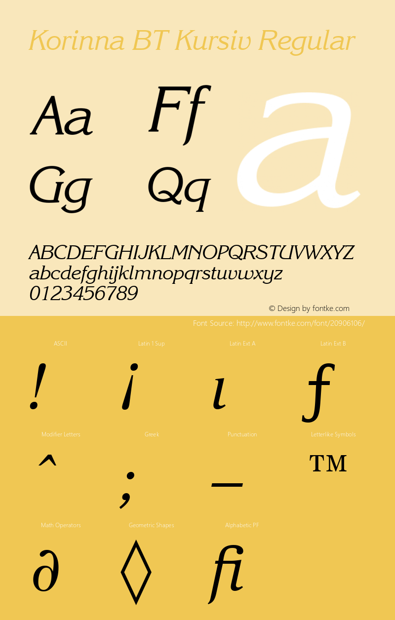 Korinna Kursiv Regular BT spoyal2tt v1.25 Font Sample