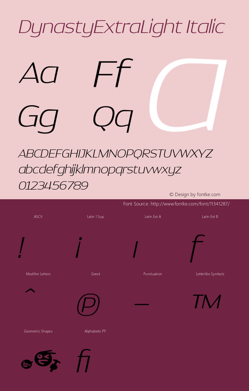 DynastyExtraLight Italic Version 001.000 Font Sample