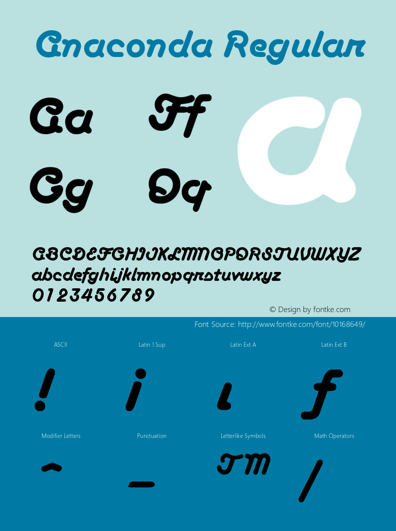 Anaconda Regular The IMSI MasterFonts Collection, tm 1995, 1996 IMSI (International Microcomputer Software Inc.) Font Sample