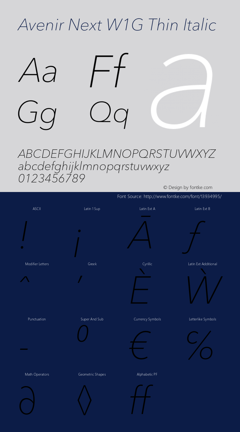 Avenir Next W1G Thin Italic Version 1.00 Font Sample