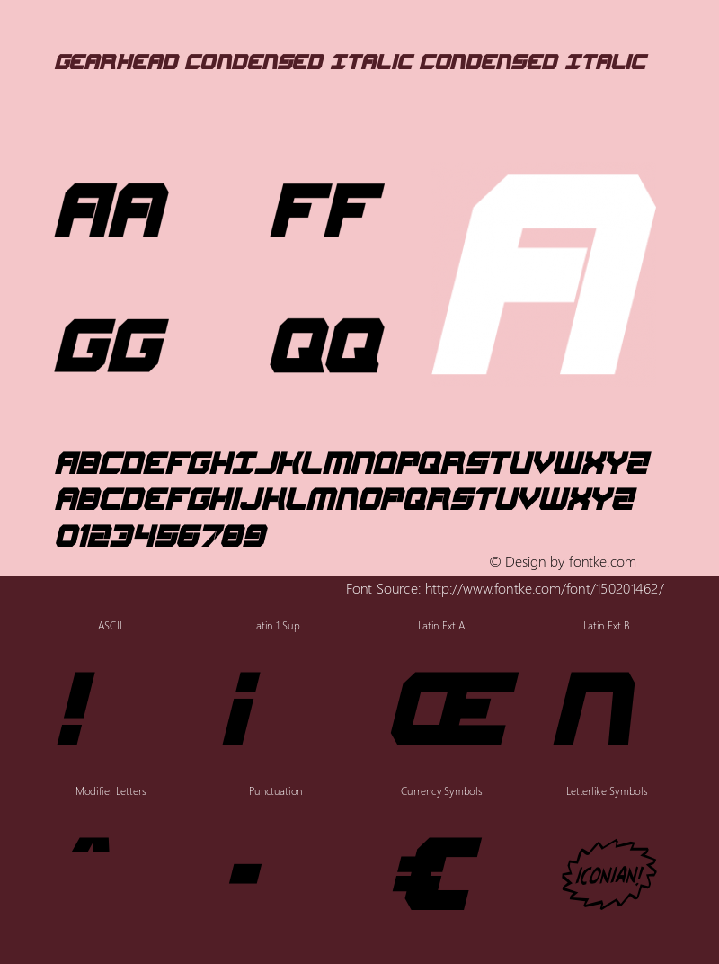 Gearhead Condensed Italic Version 1.0; 2013 Font Sample