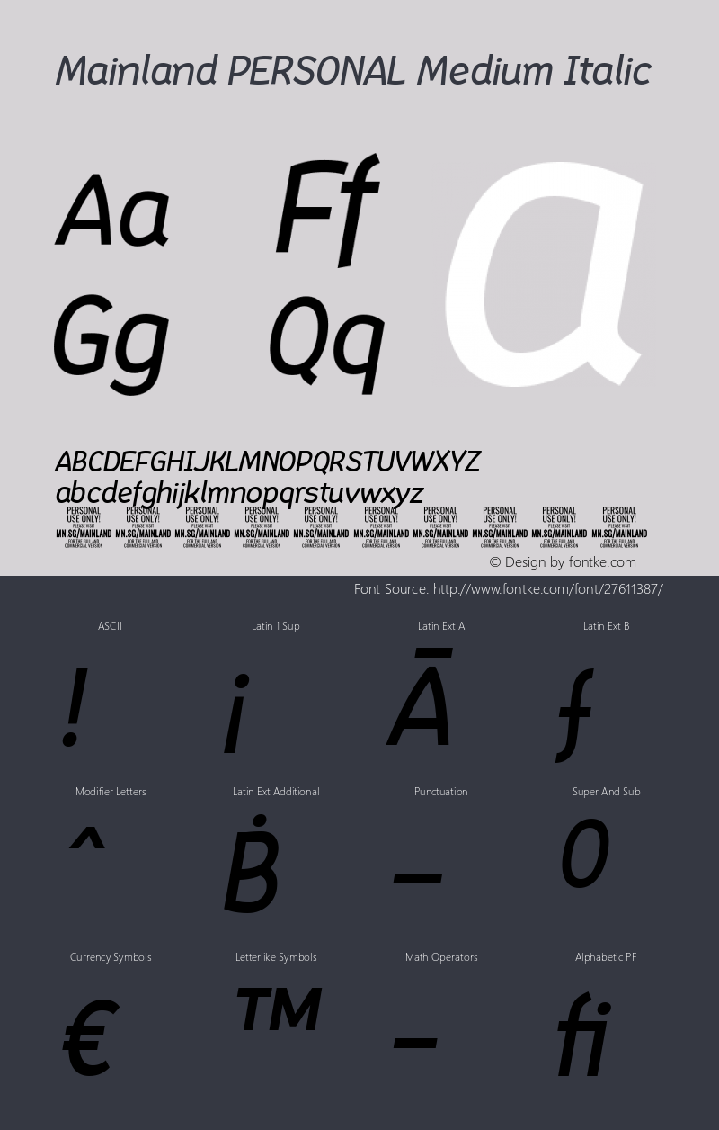 Mainland PERSONAL Medium Italic Version 1.000 Font Sample