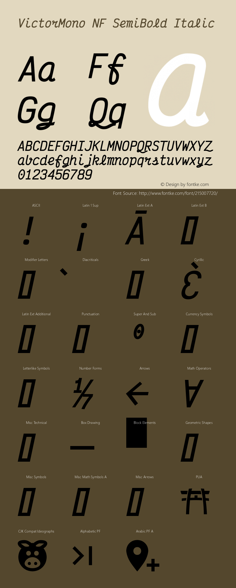 Victor Mono SemiBold Italic Nerd Font Complete Windows Compatible Version 1.410;Nerd Fonts 2.1.0图片样张