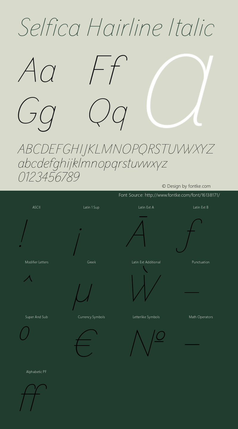 Selfica Hairline Italic Version 1.000; initial release Font Sample