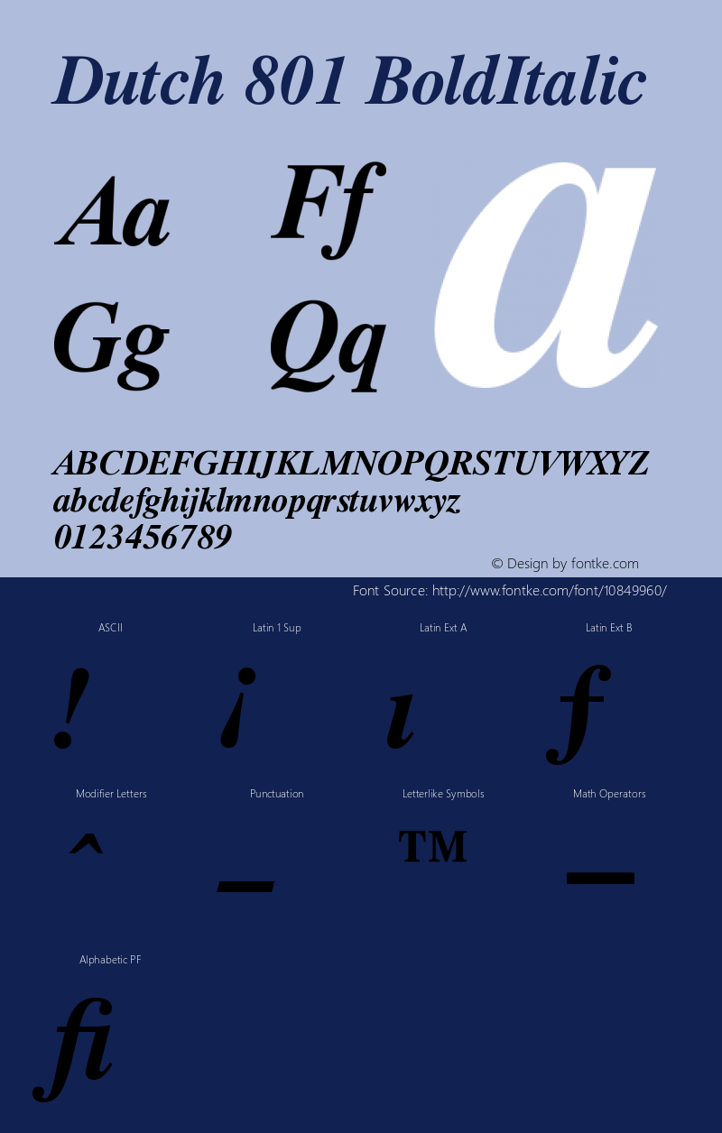 Dutch 801 BoldItalic Version 003.001 Font Sample