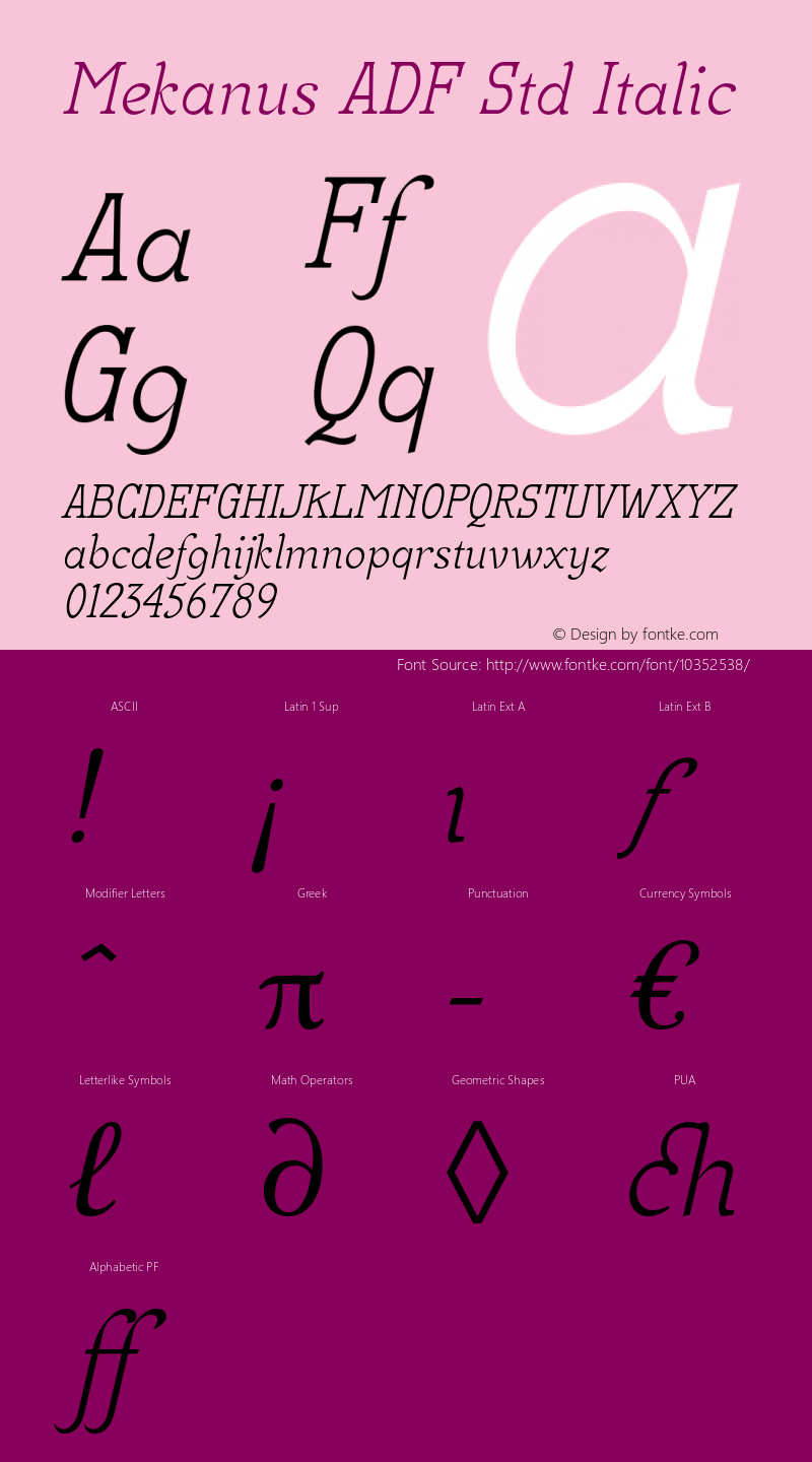 Mekanus ADF Std Italic Version 2.001;PS 1.002;hotconv 1.0.56;makeotf.lib2.0.21325 Font Sample