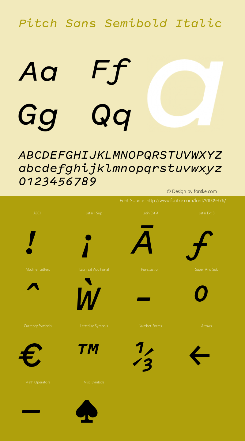 Pitch Sans Semibold Italic Version 1.001 Font Sample