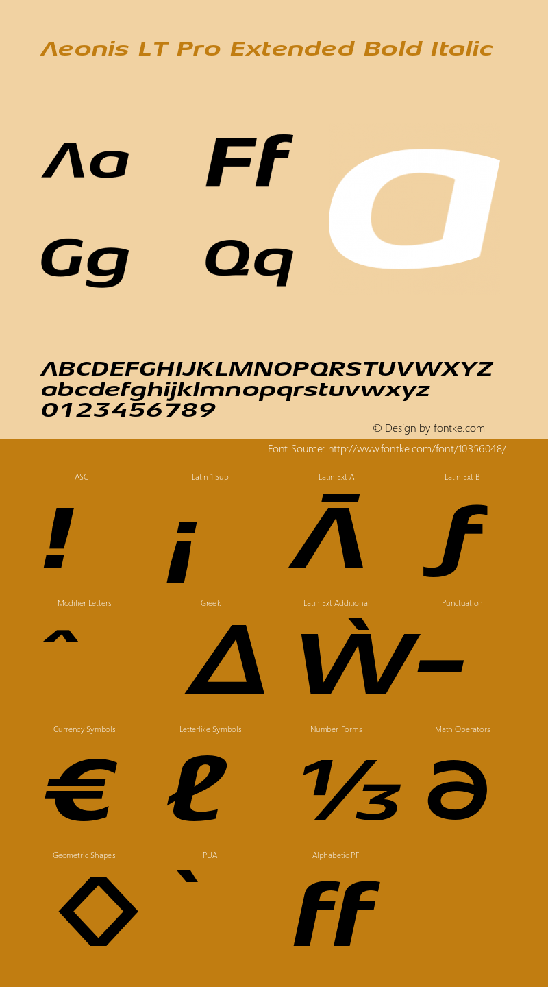 Aeonis LT Pro Extended Bold Italic Version 1.000;PS 001.000;hotconv 1.0.38 Font Sample
