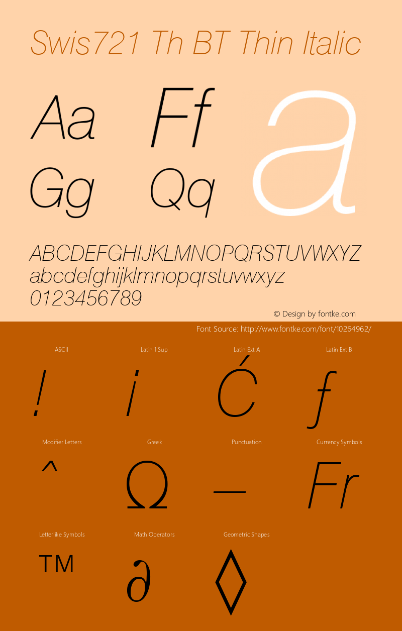 Swis721 Th BT Thin Italic mfgpctt-v1.52 Monday, January 25, 1993 4:15:08 pm (EST) Font Sample