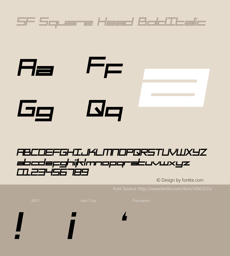 SF Square Head BoldItalic Version ver 1.0; 1999. Freew Font Sample