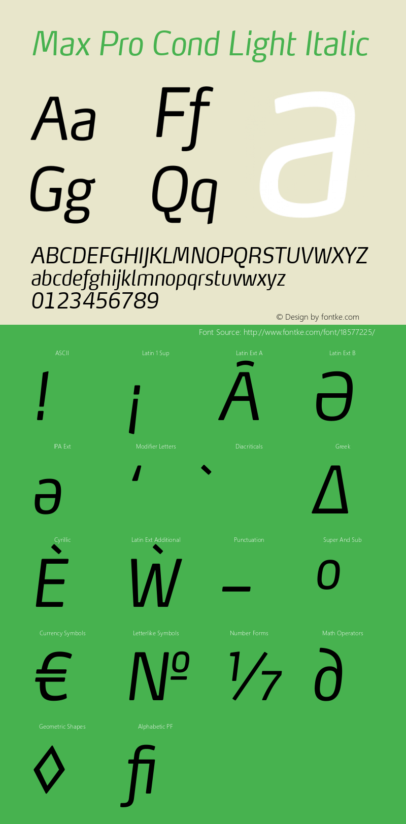 Max Pro Cond Light Italic Version 7.504; 2014; Build 1021; Font Sample