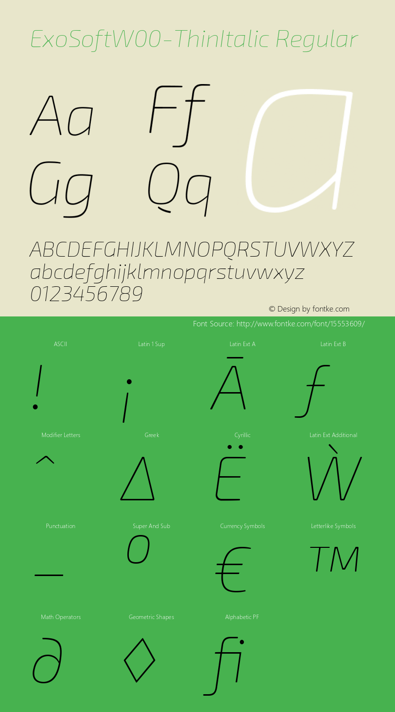 ExoSoftW00-ThinItalic Regular Version 1.10 Font Sample