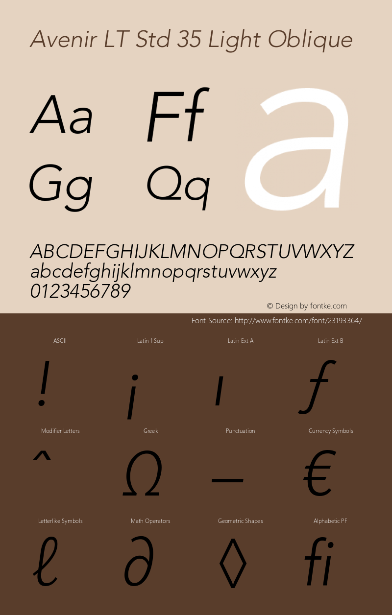 Avenir Std 35 Light Oblique Italic Version 1.029 August 23, 2013 Font Sample