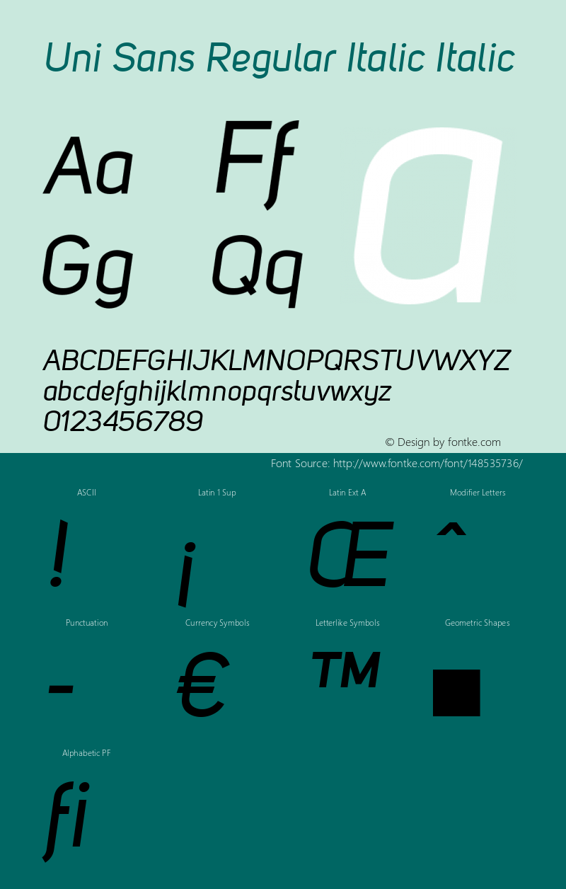 Uni Sans Regular Italic Italic Version 001.001 Font Sample