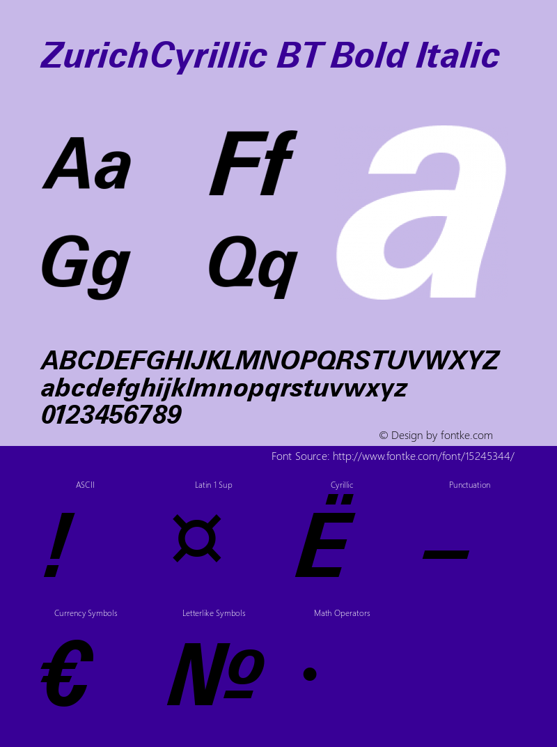 ZurichCyrillic BT Bold Italic Version 2.00 Bitstream Cyrillic Set Font Sample