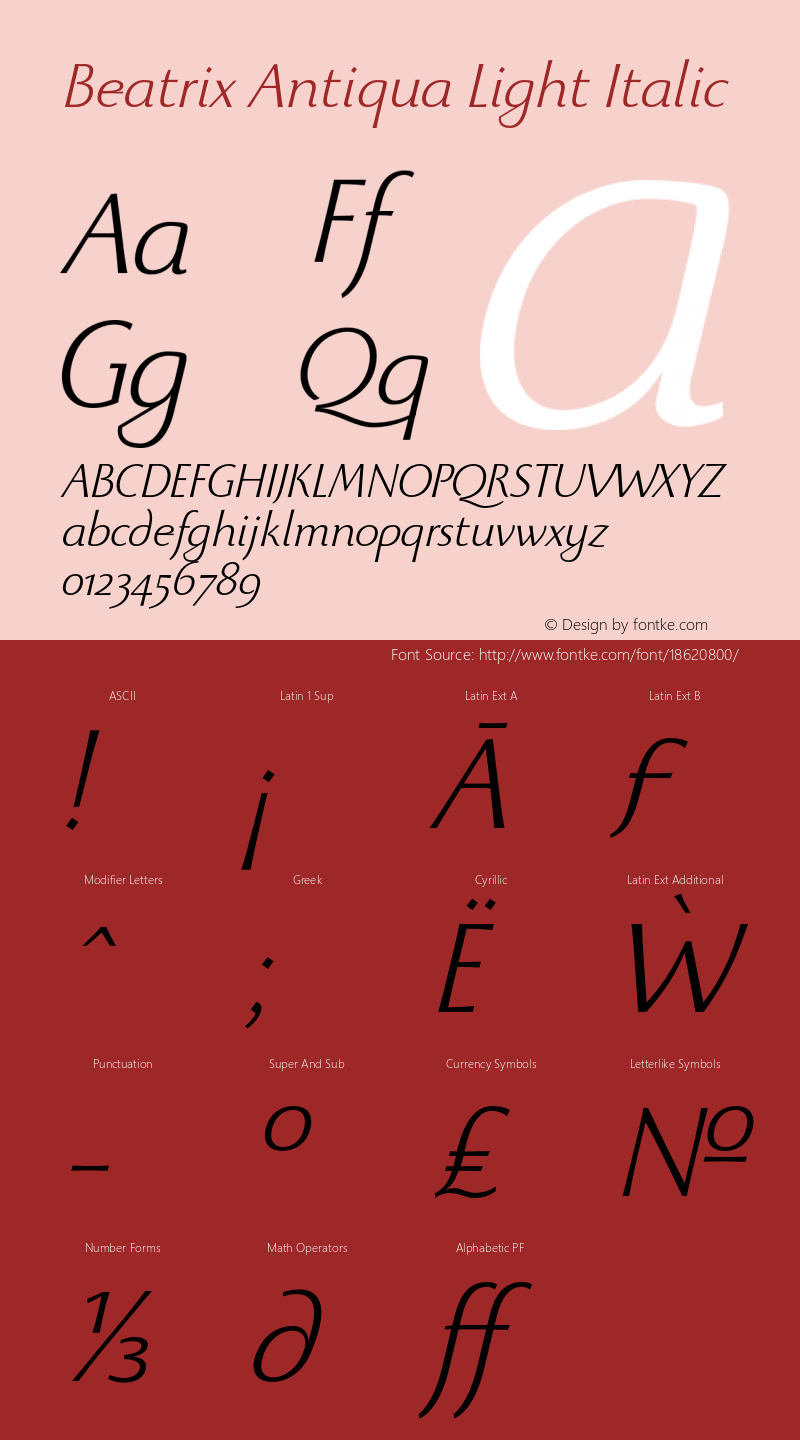 Beatrix Antiqua Light Italic Version 1.008 Font Sample