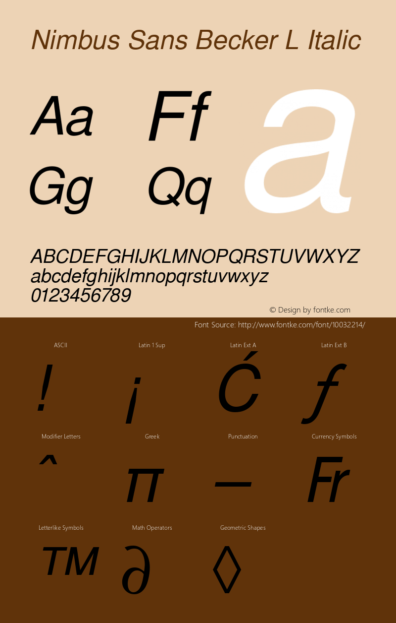 Nimbus Sans Becker L Italic Version 1.05 Font Sample