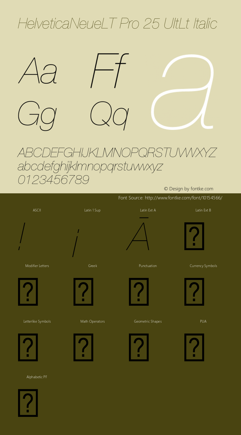 HelveticaNeueLT Pro 25 UltLt Italic Version 1.000;PS 001.000;Core 1.0.38 Font Sample