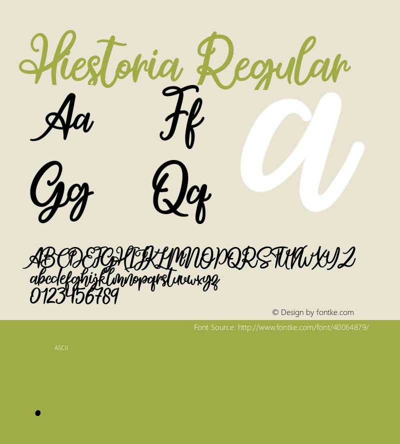 Hiestoria Version 1.00;August 5, 2019;FontCreator 11.5.0.2422 32-bit Font Sample