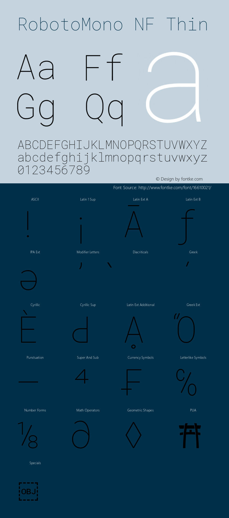 RobotoMono NF Thin Version 2.000986; 2015; ttfautohint (v1.3) Font Sample