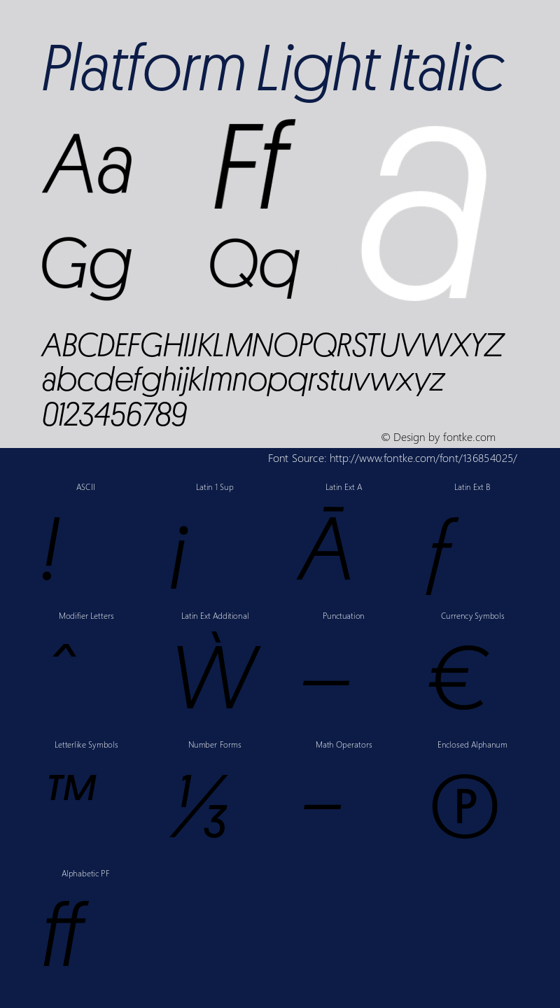 Platform-LightItalic Version 001.001 2010 Font Sample