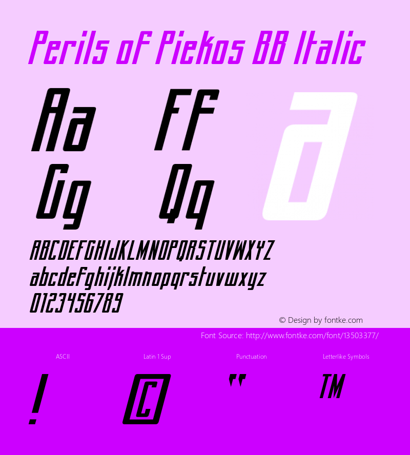 Perils of Piekos BB Italic Macromedia Fontographer 4.1 7/24/03 Font Sample