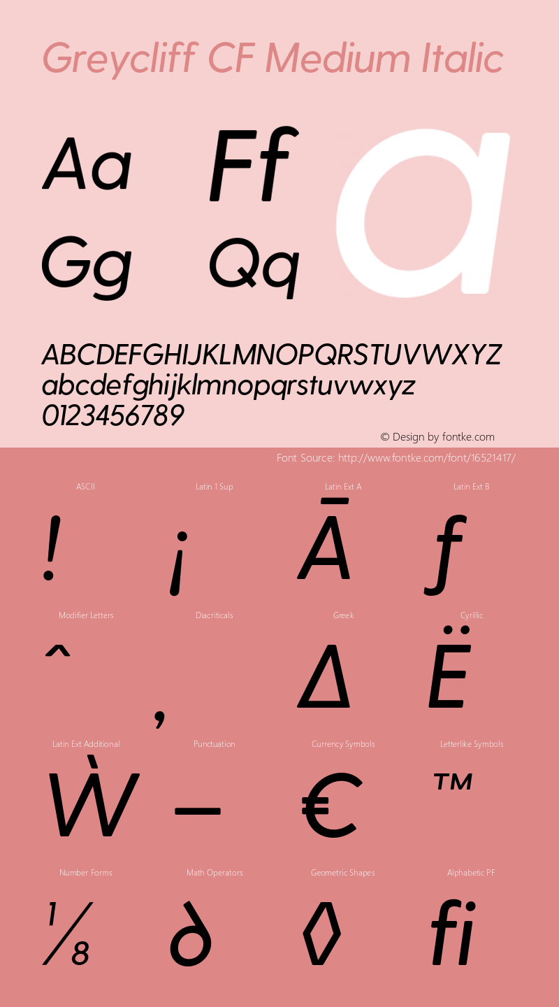 Greycliff CF Medium Italic Version 1.100;PS 001.100;hotconv 1.0.88;makeotf.lib2.5.64775 Font Sample