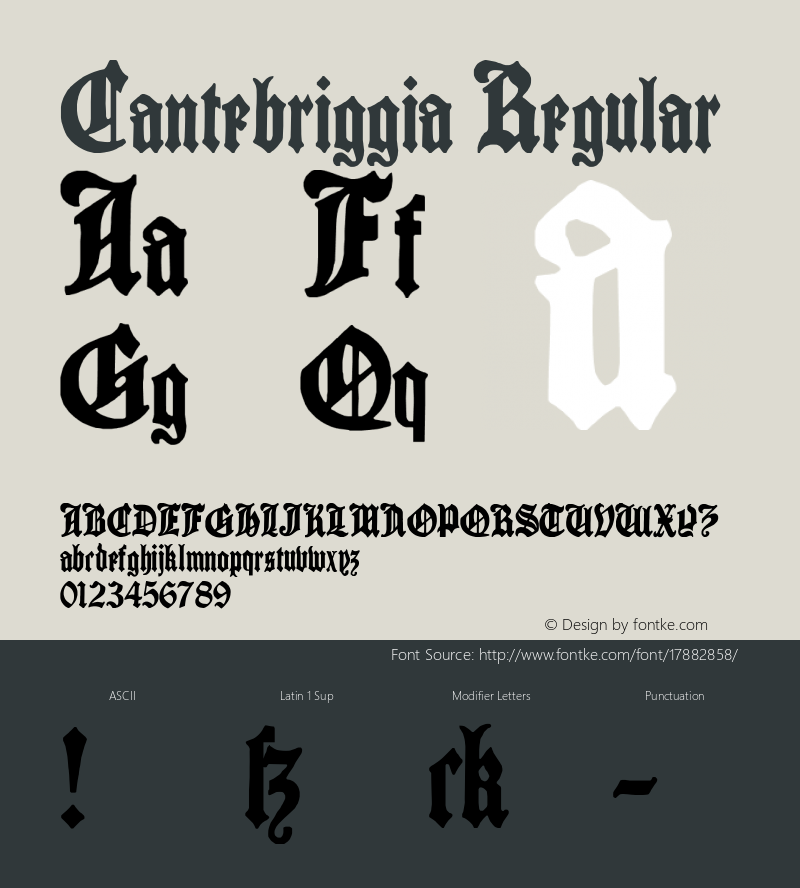 Cantebriggia Regular Version 1.0; 2002; initial release Font Sample