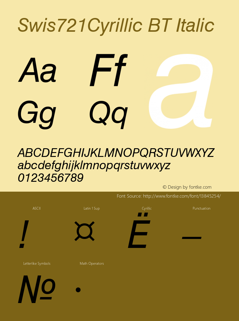 Swis721Cyrillic BT Italic mfgpctt-v1.85 Fri Sep 8 15:54:03 EDT 1995 Font Sample