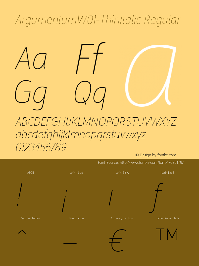 ArgumentumW01-ThinItalic Regular Version 2.0 Font Sample