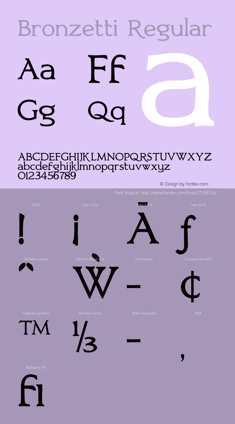 Bronzetti-Regular Version 1.000 2011 initial release Font Sample