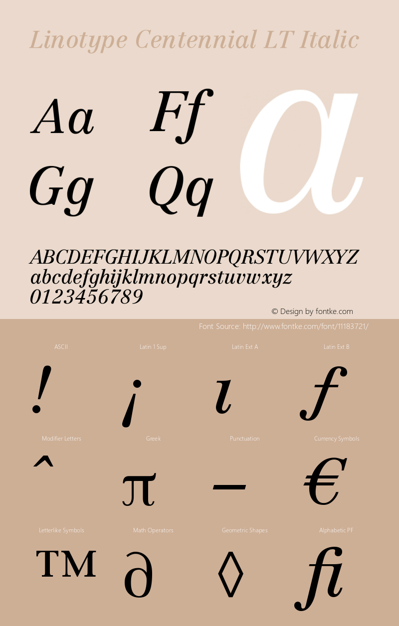 Linotype Centennial LT Italic Version 006.000 Font Sample