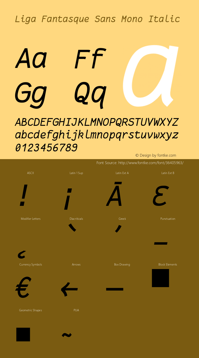 Liga Fantasque Sans Mono RegItalic Version 1.6.5 ; ttfautohint (v1.00) -l 8 -r 50 -G 200 -x 14 -D latn -f none -w G Font Sample