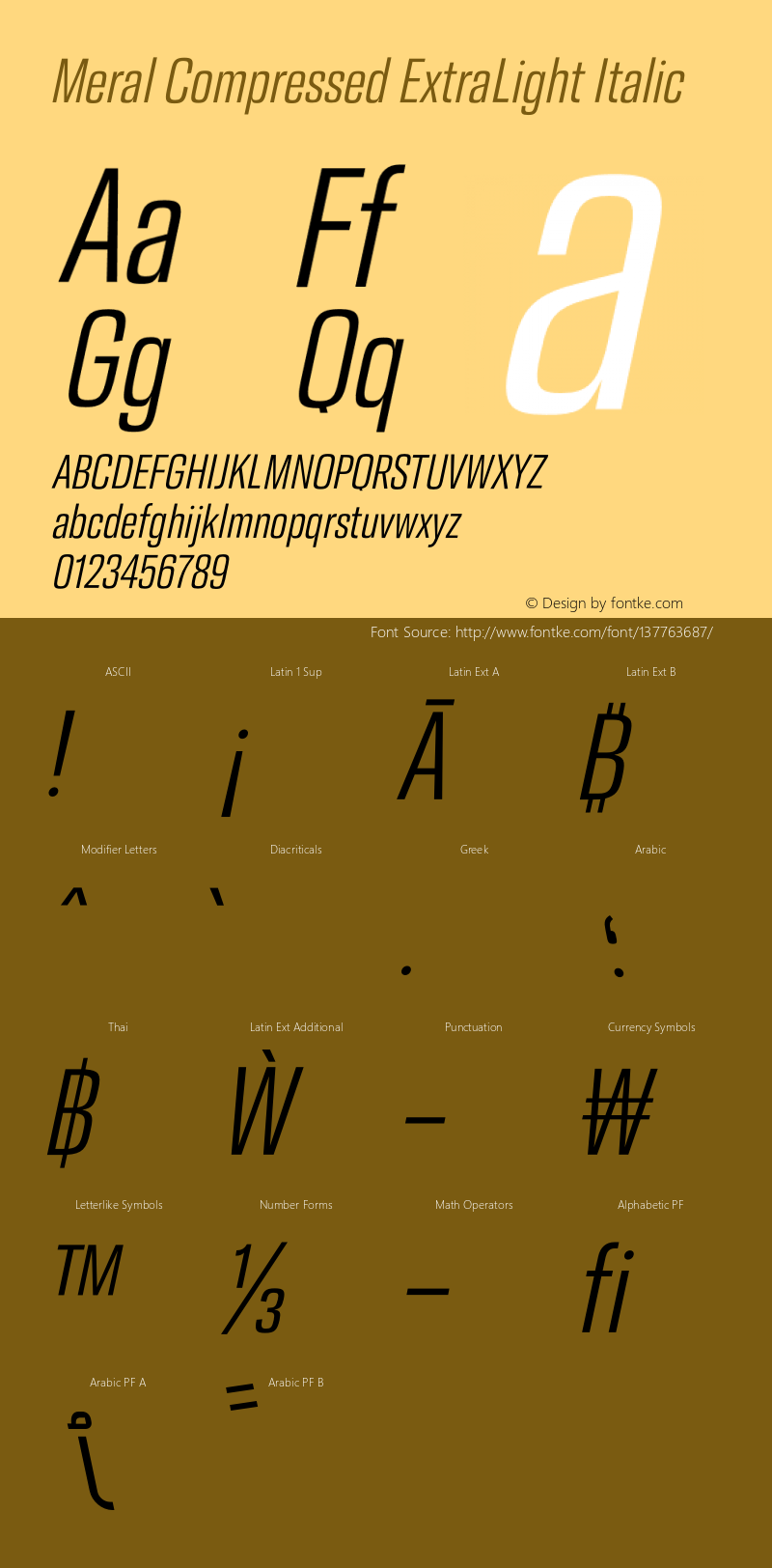 Meral Compressed ExtraLight Italic Version 1.000;hotconv 1.0.109;makeotfexe 2.5.65596 Font Sample