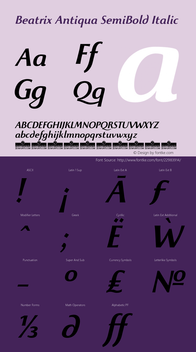 Beatrix Antiqua SemiBold Italic Version 1.008 Font Sample