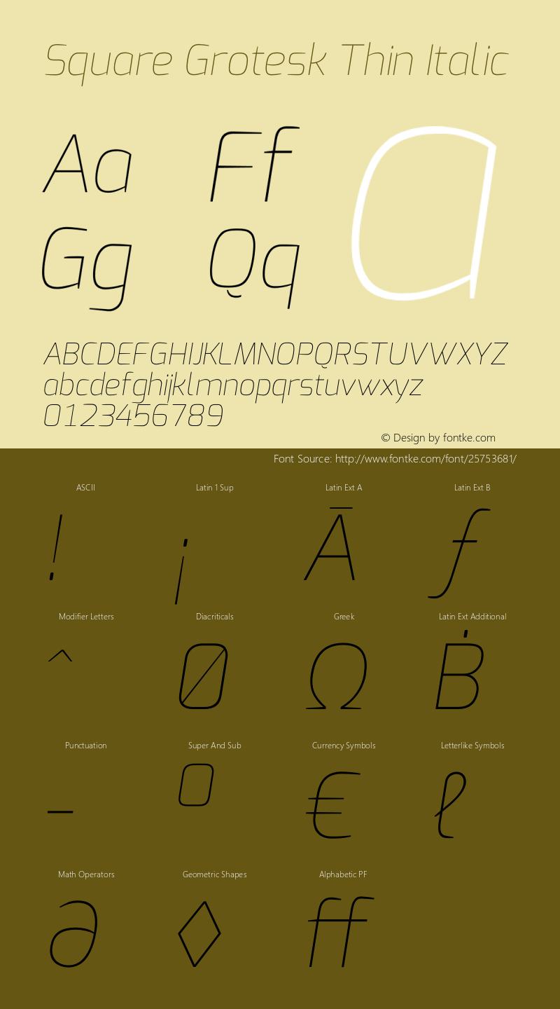 Square Grotesk Thin Italic Version 1.00 Font Sample