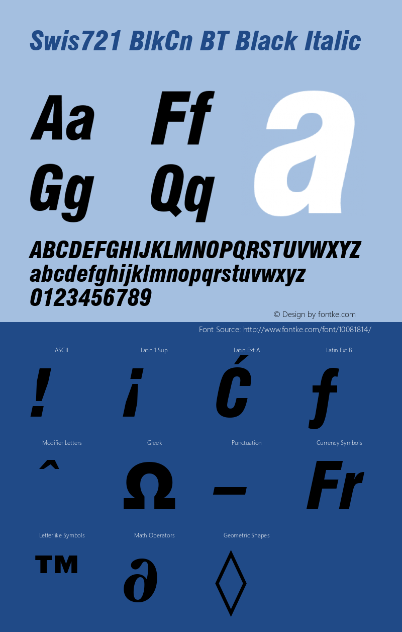 Swis721 BlkCn BT Black Italic mfgpctt-v4.4 Dec 22 1998 Font Sample