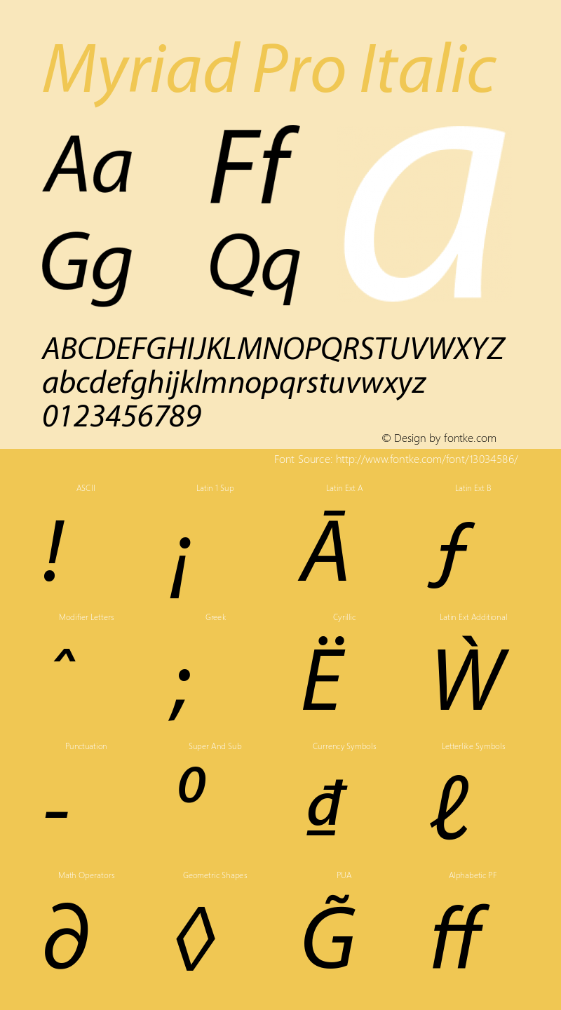 Myriad Pro Italic Version 2.037;PS 2.000;hotconv 1.0.51;makeotf.lib2.0.18671 Font Sample